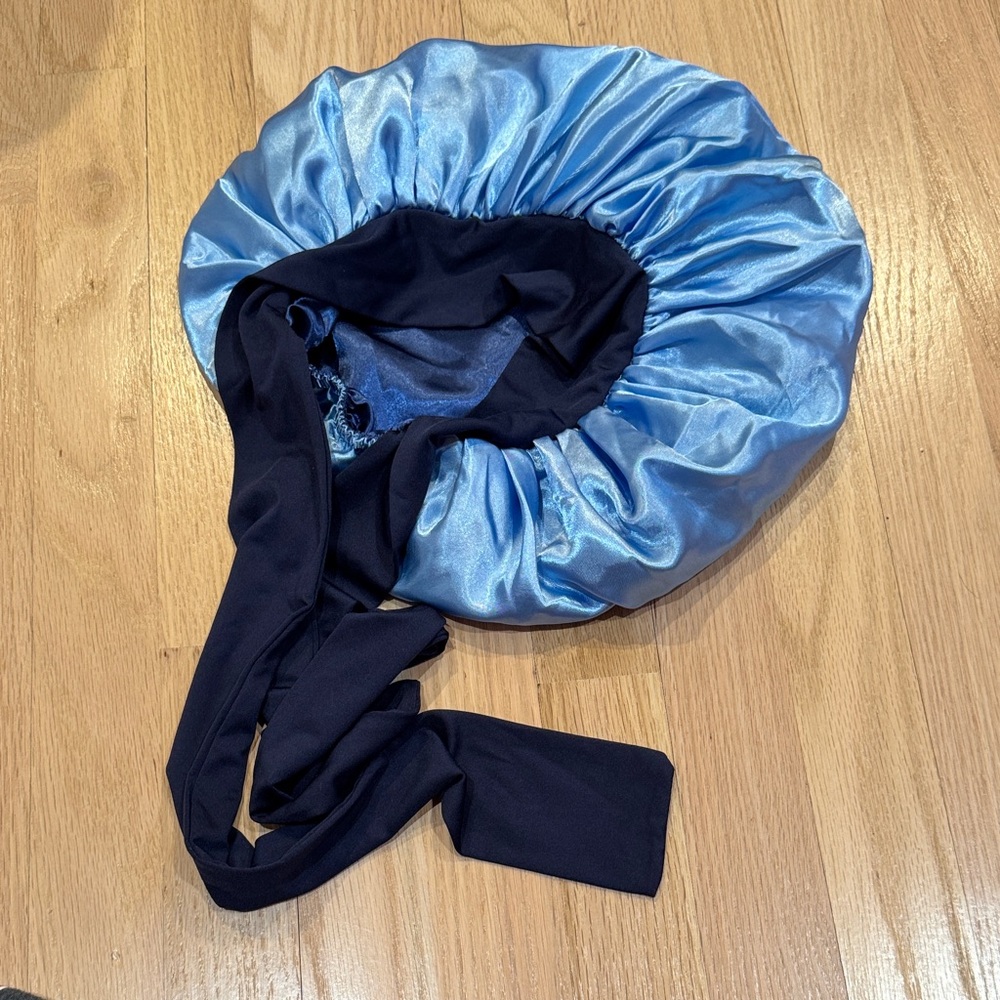 Blue Satin Bonnet with Black Ties